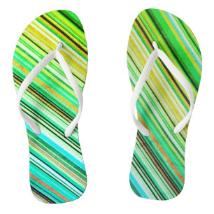 Green and Blue Diagonal Striped  Flip Flops