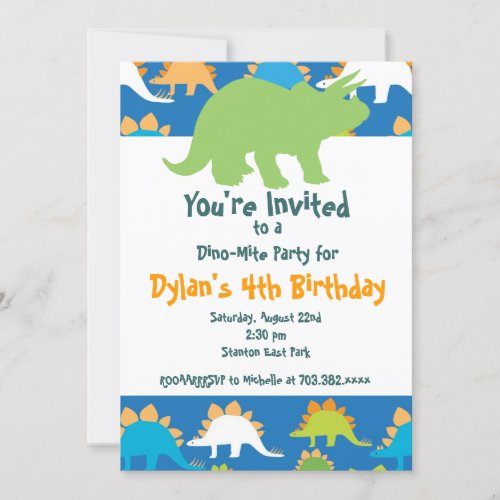 Green and Blue Dinosaur Birthday Party Invitations