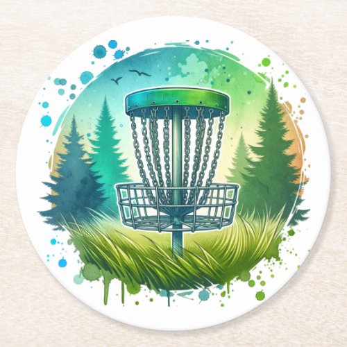 Green and Blue Disc Golf Themed Round Paper Coaster