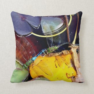 green and blue dragonfly, green eyes throw pillow