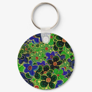 green and blue flowers with gold trim keychain