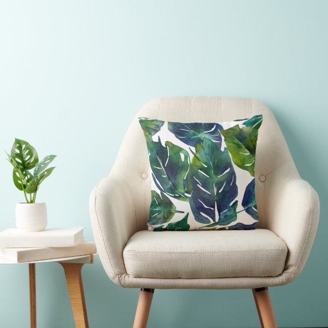 Green and Blue Foliage Philodendron Botanical   Throw Pillow (Chair)