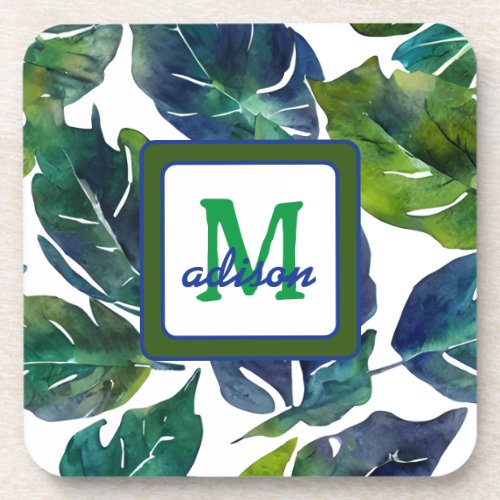 Green and Blue Foliage Philodendron Monogrammed Beverage Coaster