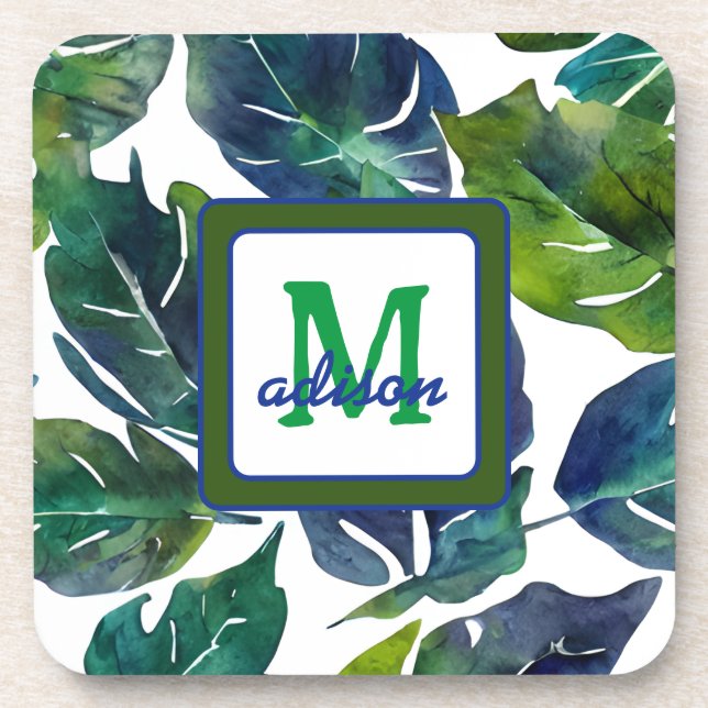 Green and Blue Foliage Philodendron Monogrammed Beverage Coaster (Front)