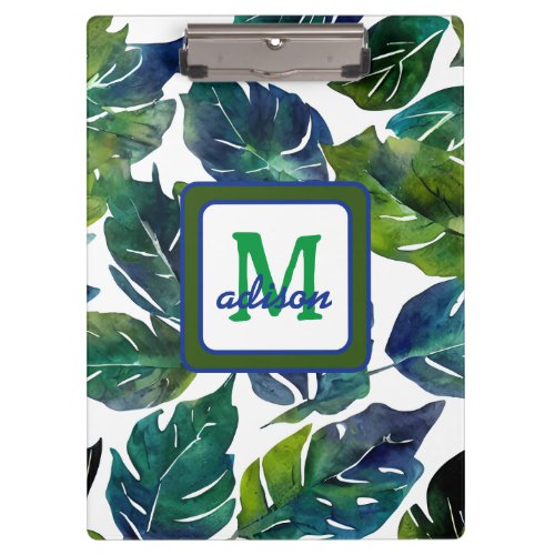 Green and Blue Foliage Philodendron Monogrammed Clipboard