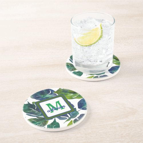Green and Blue Foliage Philodendron Monogrammed Coaster