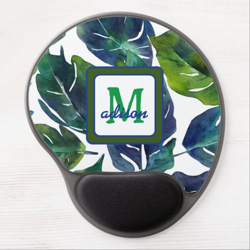 Green and Blue Foliage Philodendron Monogrammed Gel Mouse Pad