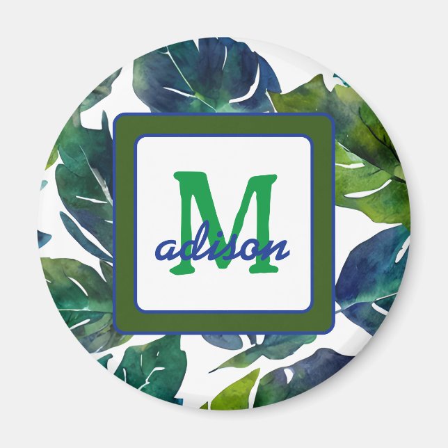 Green and Blue Foliage Philodendron Monogrammed Magnet (Front)