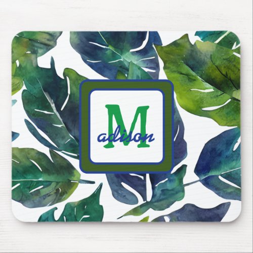 Green and Blue Foliage Philodendron Monogrammed Mouse Pad