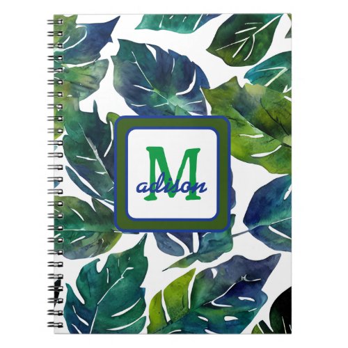 Green and Blue Foliage Philodendron Monogrammed Notebook