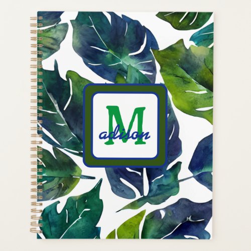 Green and Blue Foliage Philodendron Monogrammed Planner