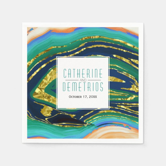 Green and blue gold foil agate and frame wedding napkins (Front)