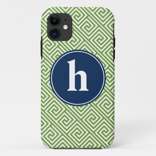 Green and Blue Greek Key Pattern Monogram iPhone 11 Case