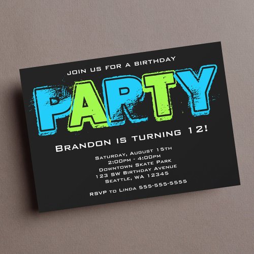 Green and Blue Grunge Birthday Party Invitation