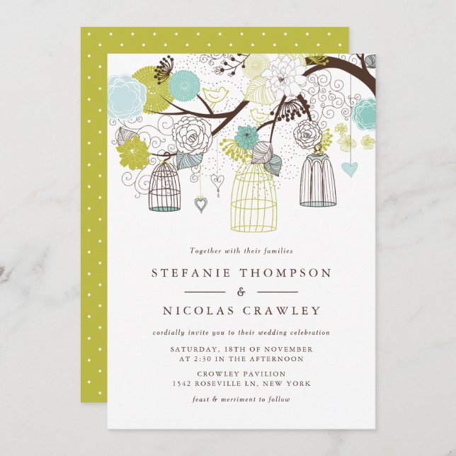 Green and Blue Hanging Birdcages Wedding Invitation (Front/Back)