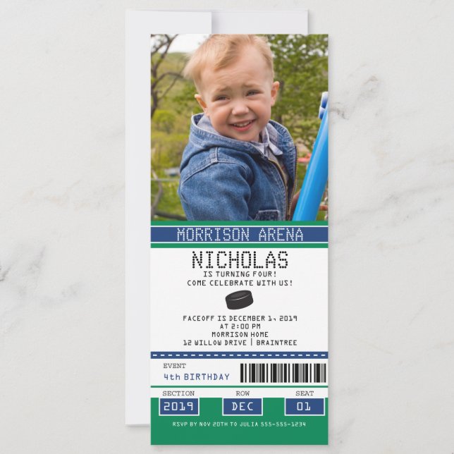 Green and Blue Hockey Ticket Birthday Invitation (Front)