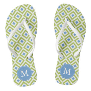 Green and Blue Ikat Pattern Monogram Flip Flops