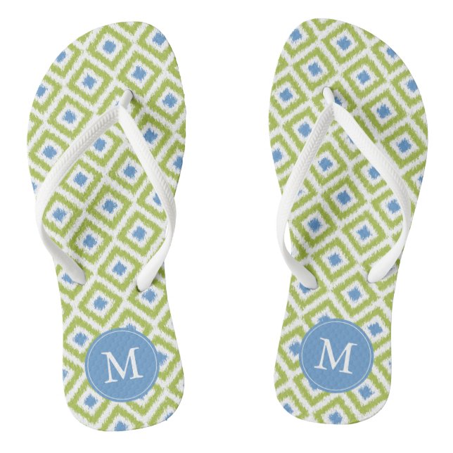 Green and Blue Ikat Pattern Monogram Flip Flops (Footbed)