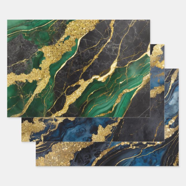 Green and Blue Marble Pattern with Gold Wrapping Paper Sheets (Set)