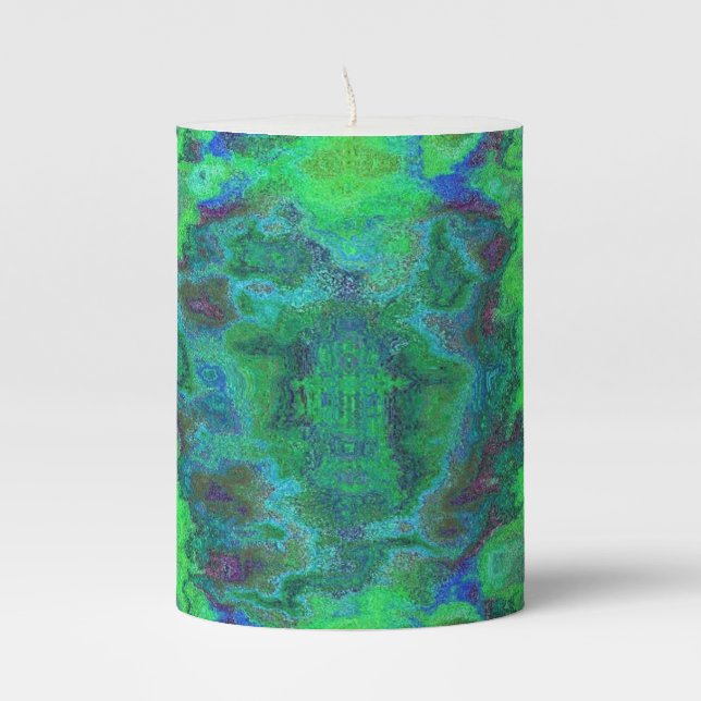 Green and blue marble print pillar candle (Front)