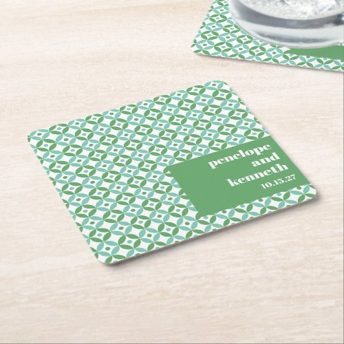 Green and Blue Mid Mod Chic Wedding Custom Square Paper Coaster