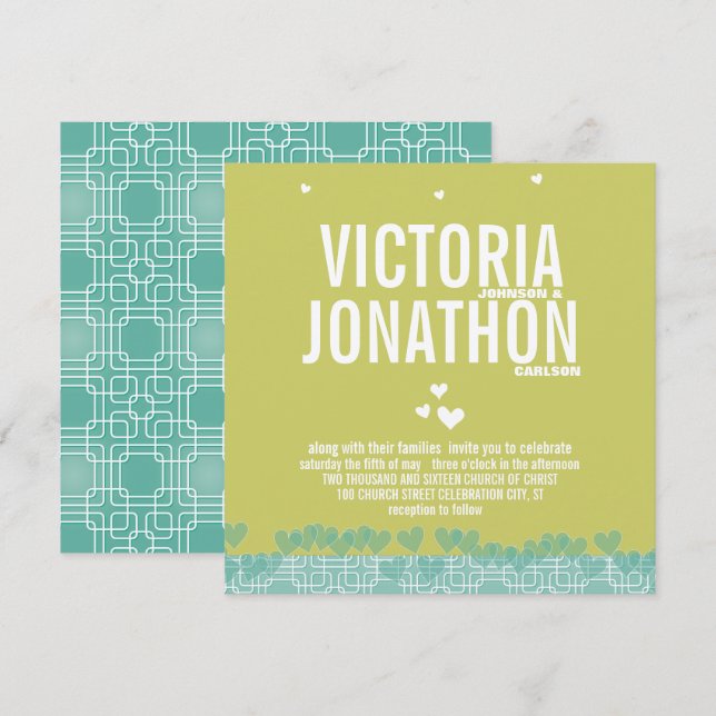 Green and Blue  Modern Hearts Typography Wedding Invitation (Front/Back)