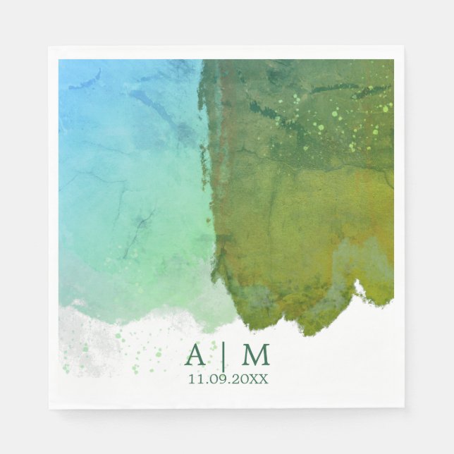 Green And Blue Monogram Watercolor  Napkins (Front)