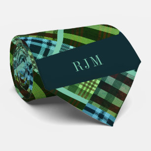 Green and Blue Monogrammed Diagonal Plaid Neck Tie