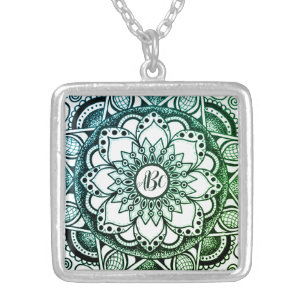 Green and Blue Monogrammed Flower Mandala Silver Plated Necklace
