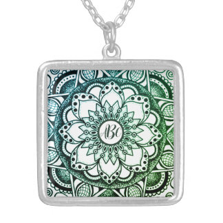 Green and Blue Monogrammed Flower Mandala Silver Plated Necklace