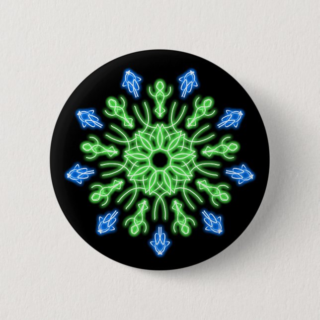 Green and blue neon flower pinback button (Front)