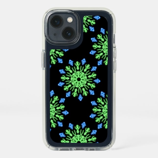 Green and blue neon flower speck iPhone case (Front)