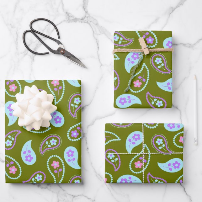 Green and Blue Paisley Floral Pattern Wrapping Paper Sheets (Front)