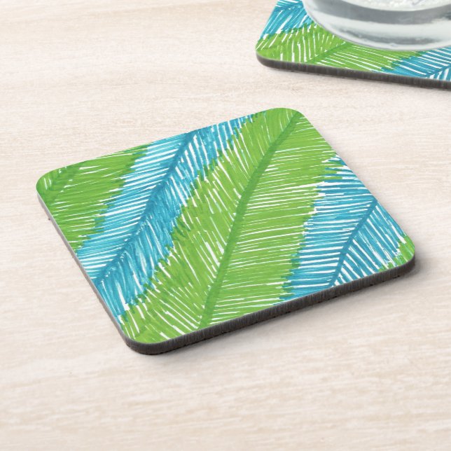 Green and Blue Palm Leaves Pattern Beverage Coaster (Left Side)