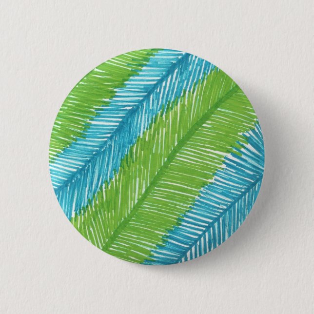 Green and Blue Palm Leaves Pattern Button (Front)