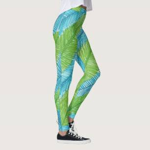 Green and Blue Palm Leaves Pattern Leggings
