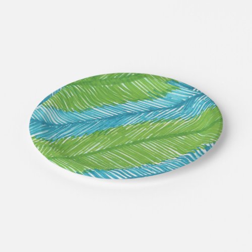 Green and Blue Palm Leaves Pattern Paper Plate