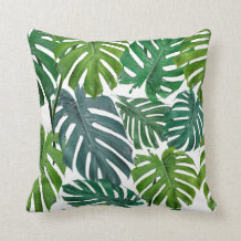 Green and blue palm leaves throw pillow
