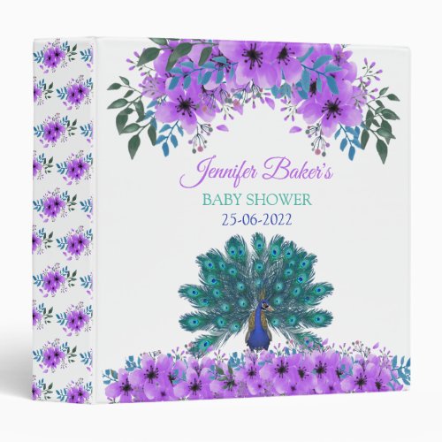 Green and Blue Peacock  Purple Watercolor Flowers 3 Ring Binder