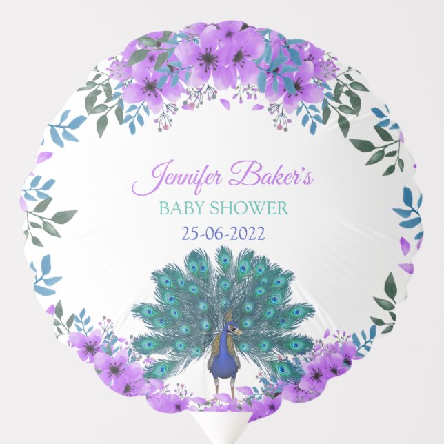 Green and Blue Peacock | Purple Watercolor Flowers Balloon (Front)