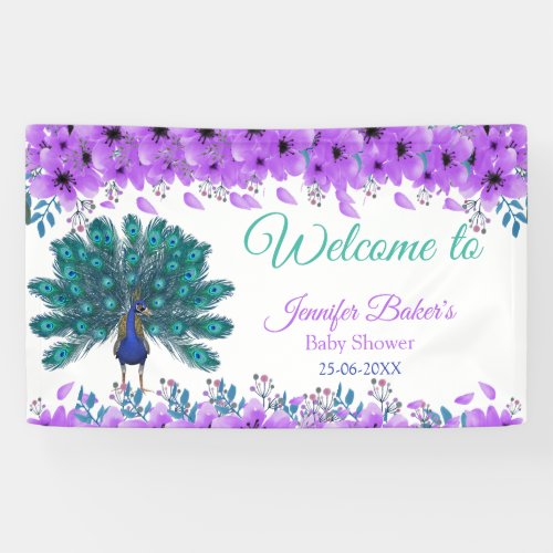 Green and Blue Peacock  Purple Watercolor Flowers Banner