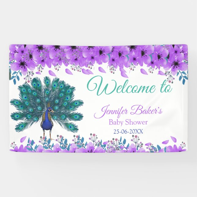 Green and Blue Peacock | Purple Watercolor Flowers Banner (Horizontal)