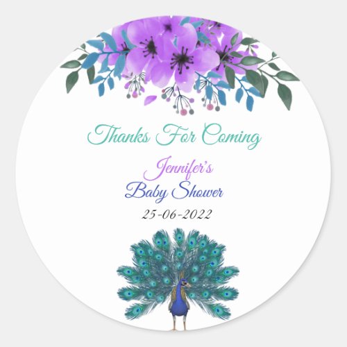 Green and Blue Peacock  Purple Watercolor Flowers Classic Round Sticker