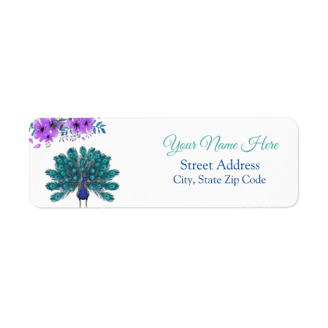 Green and Blue Peacock | Purple Watercolor Flowers Label (Front)