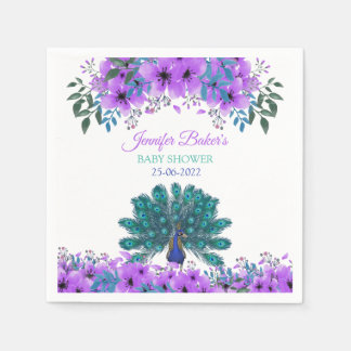 Green and Blue Peacock | Purple Watercolor Flowers Napkins