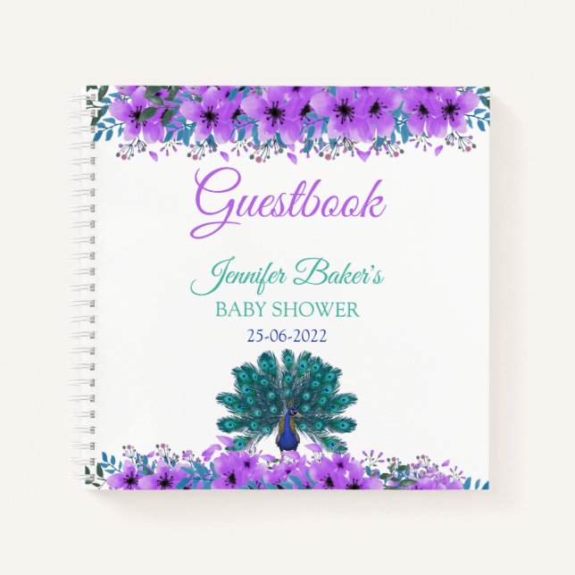 Green and Blue Peacock | Purple Watercolor Flowers Notebook (Front)