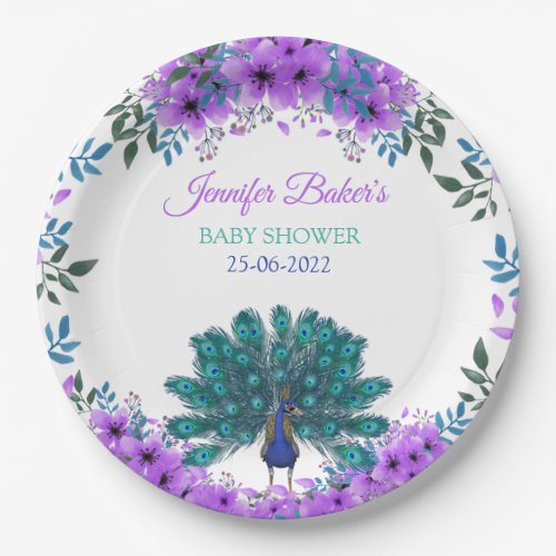 Green and Blue Peacock  Purple Watercolor Flowers Paper Plates