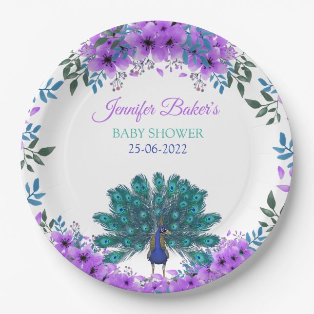 Green and Blue Peacock | Purple Watercolor Flowers Paper Plates (Front)