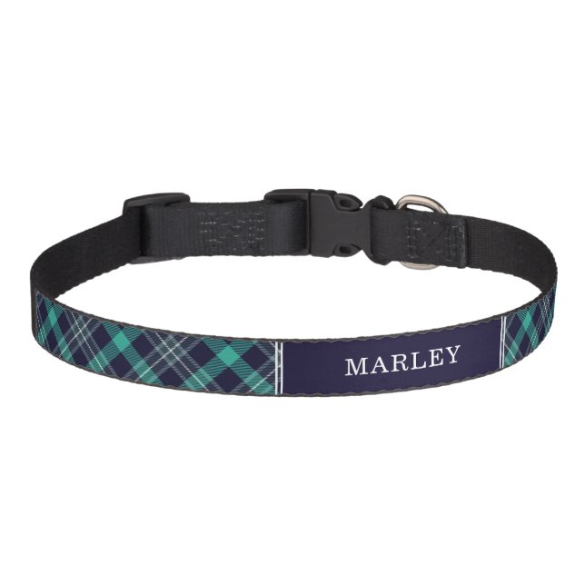 Green and Blue Plaid Pattern Personalized Pet Collar (Front)