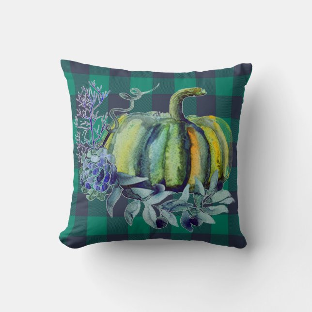 Green and Blue Plaid Pumpkin Throw Pillow (Front)